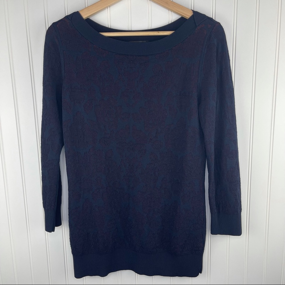 Ann Taylor Navy Blue Burgundy Lace Overlay Sweater medium Tall